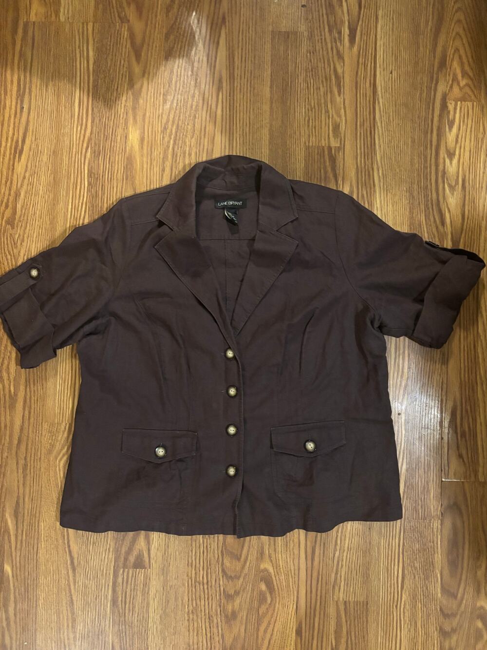 Lane Bryant Chocolate Brown Button-Down Office Preppy Short- Sleeve Blouse